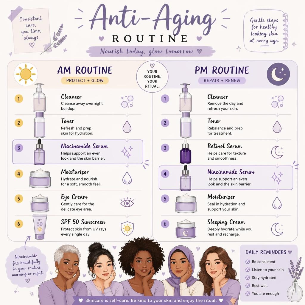 Lavender skincare infographic showing AM and PM routine flowcharts with 6 product steps, bottle icons, arrows, and inclusive faces.