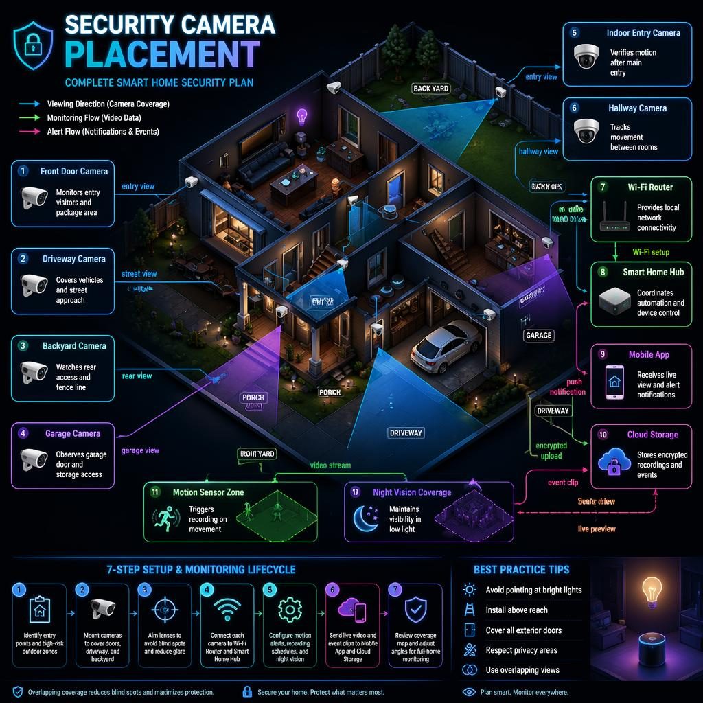 Dark neon isometric smart home security infographic with labeled cameras, router, hub, app, cloud, arrows and zones.