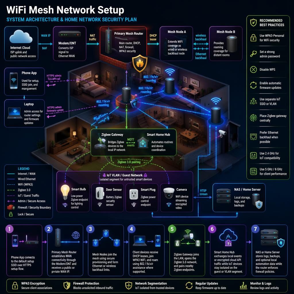 Isometric smart home infographic showing WiFi mesh routers, Zigbee gateway, IoT VLAN, devices, arrows, and security labels.
