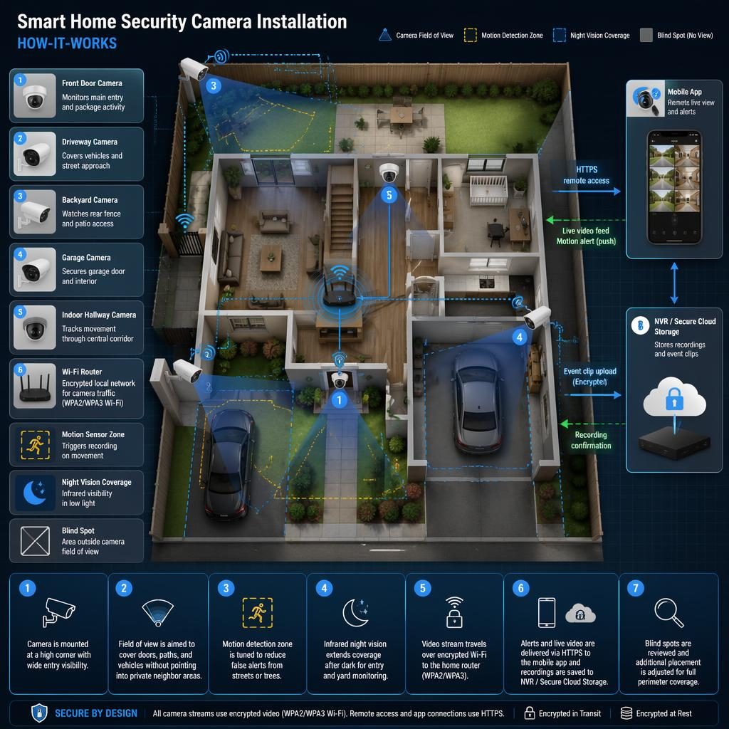 Isometric smart home security camera installation infographic with labeled cameras, router, storage, coverage cones, motion zones.