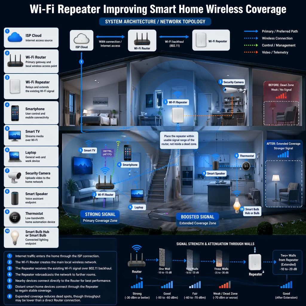 Infographie d’une maison connectée à deux étages avec routeur Wi‑Fi, repeteur wifi, zones de couverture et appareils domotiques.