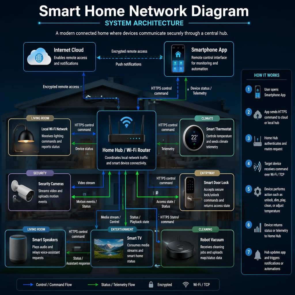 Smart home network diagram infographic with home hub, cloud, smartphone app, and connected device zones linked by arrows.