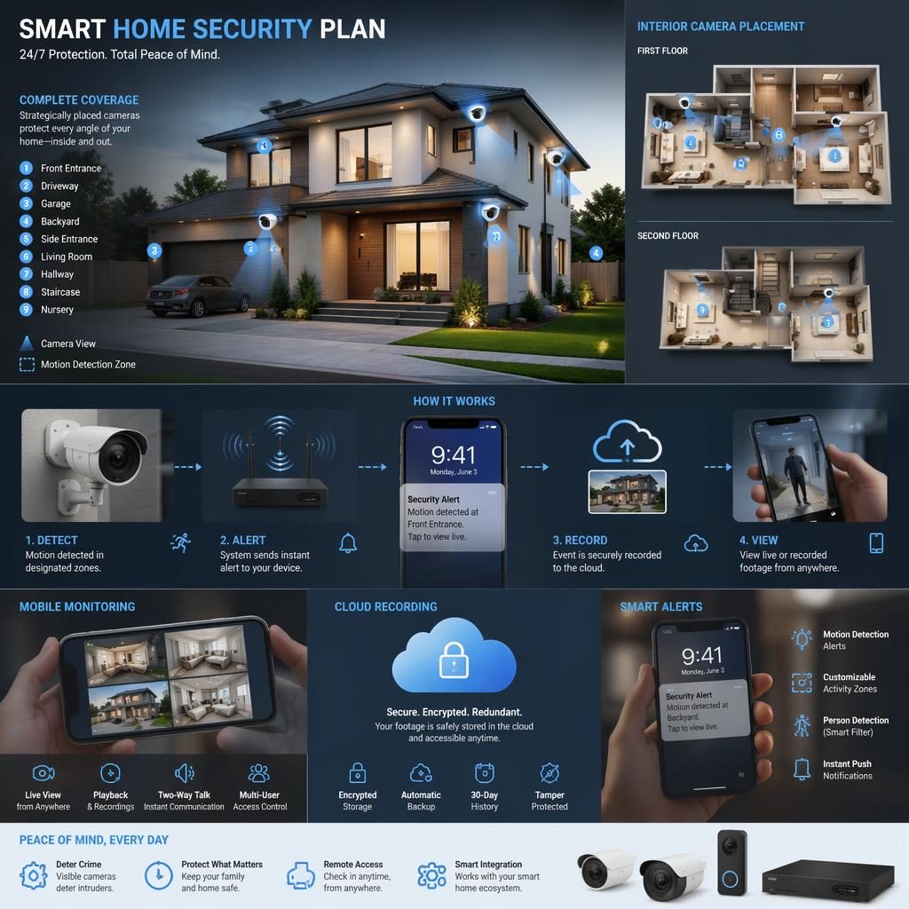 Infographie photoréaliste d’une maison moderne avec camera de surveillance, zones de détection, alertes mobile et cloud