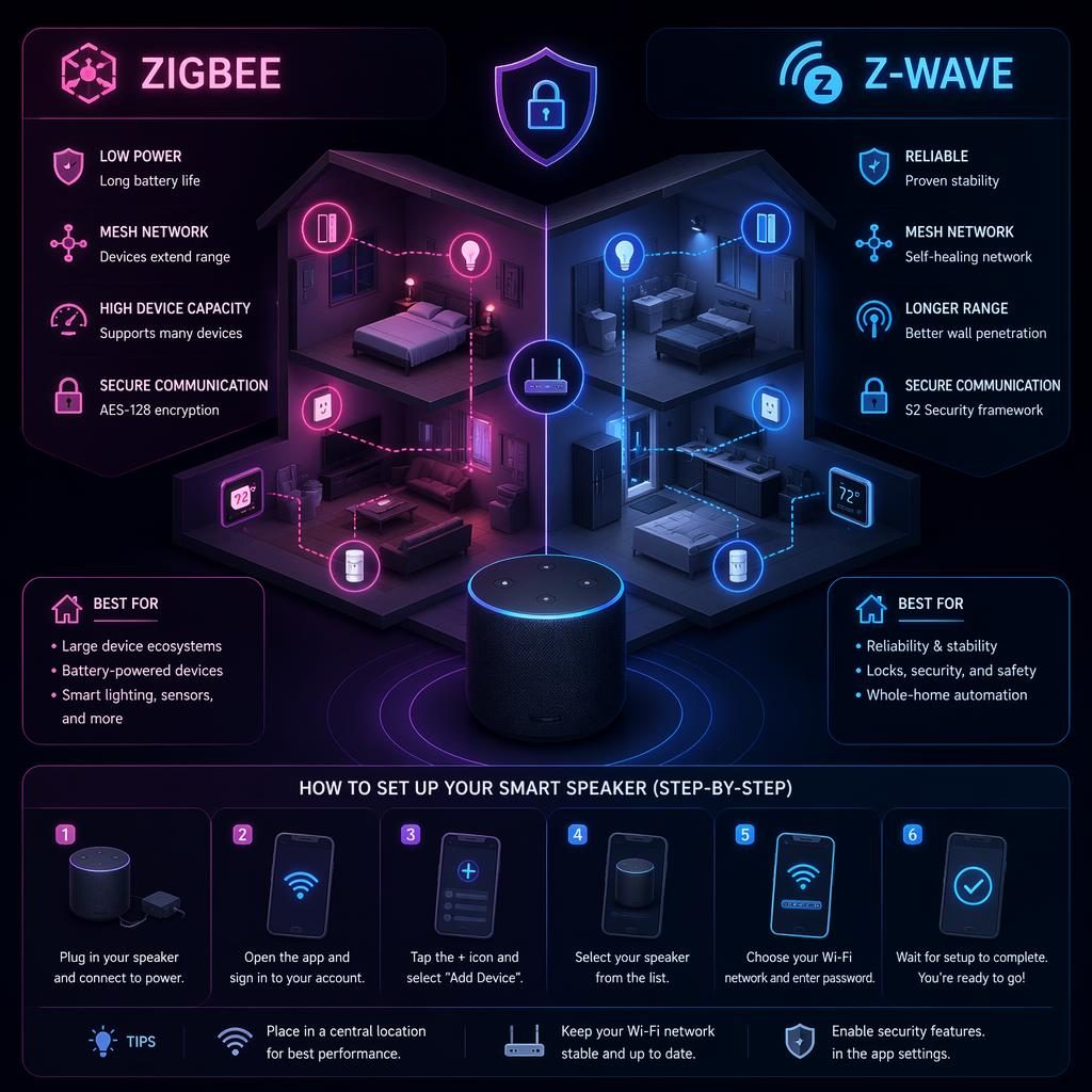 Isometric 3D dark mode smart home infographic with neon generic icons comparing Zigbee vs Z-Wave in a security plan layout.