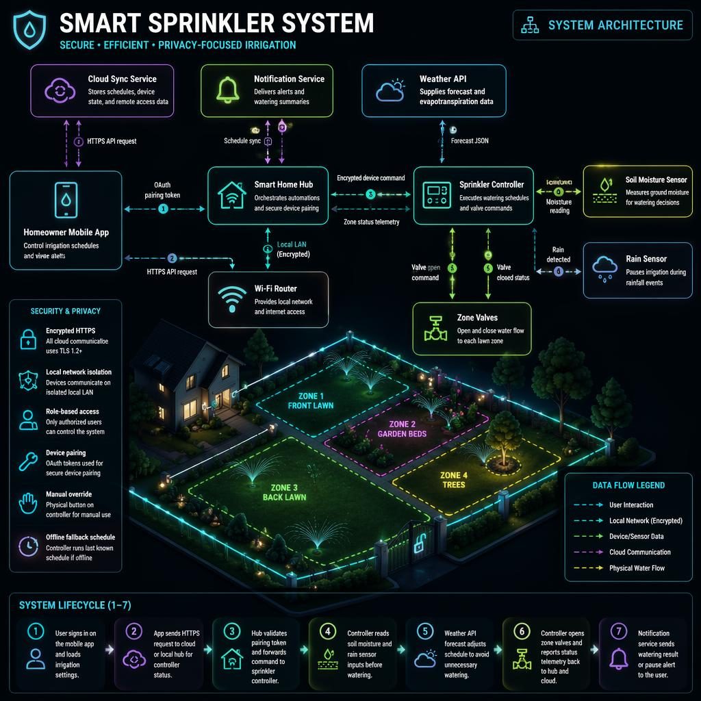 Dark neon smart sprinkler system infographic with isometric yard, app, hub, router, sensors, valves, cloud flows.