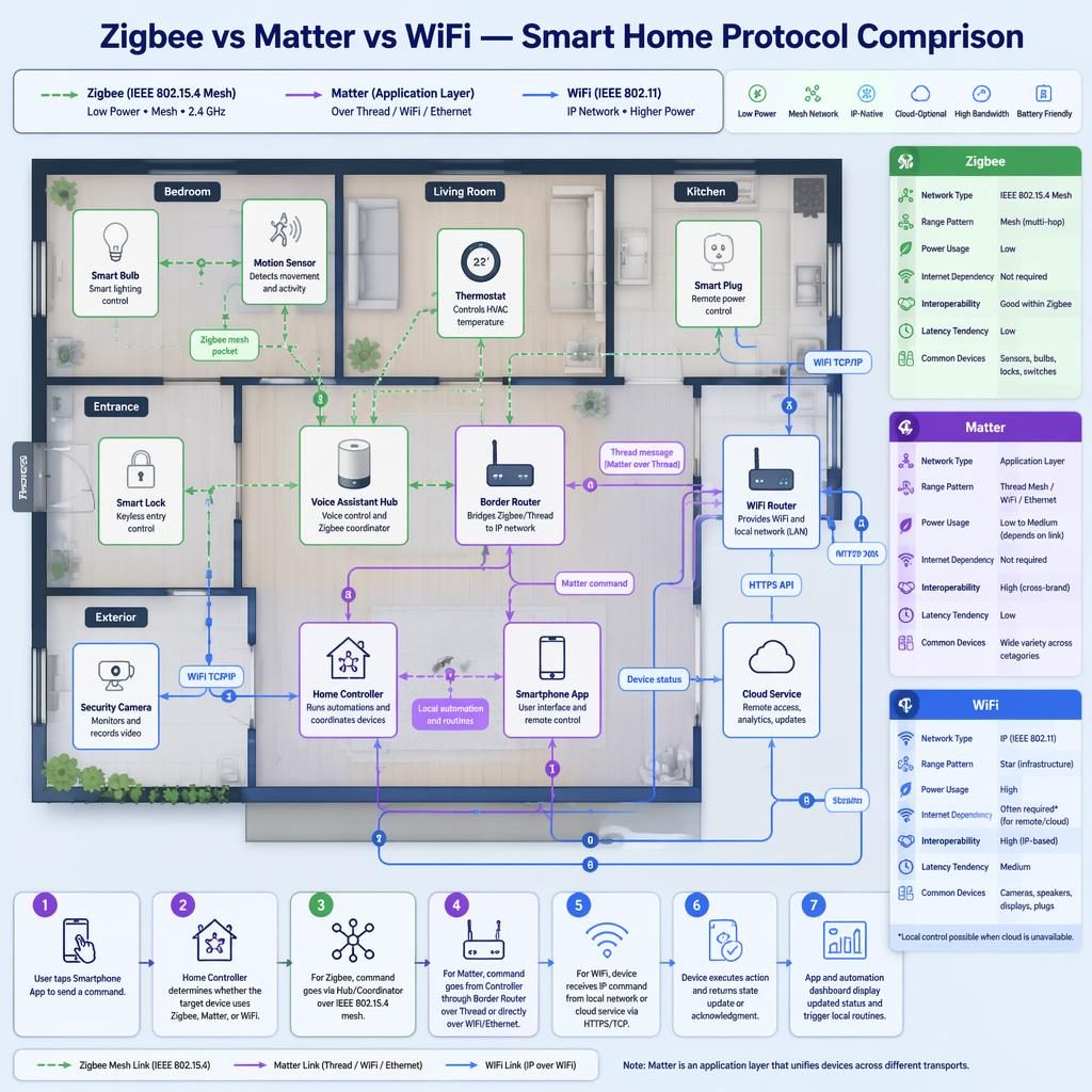 Top-down smart home floor plan infographic comparing Zigbee, Matter, and WiFi device paths, hubs, routers, cloud, and app.