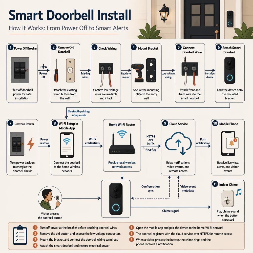 Step-by-step smart doorbell install infographic with wiring, Wi-Fi setup, cloud service, mobile phone, router, and chime flow.