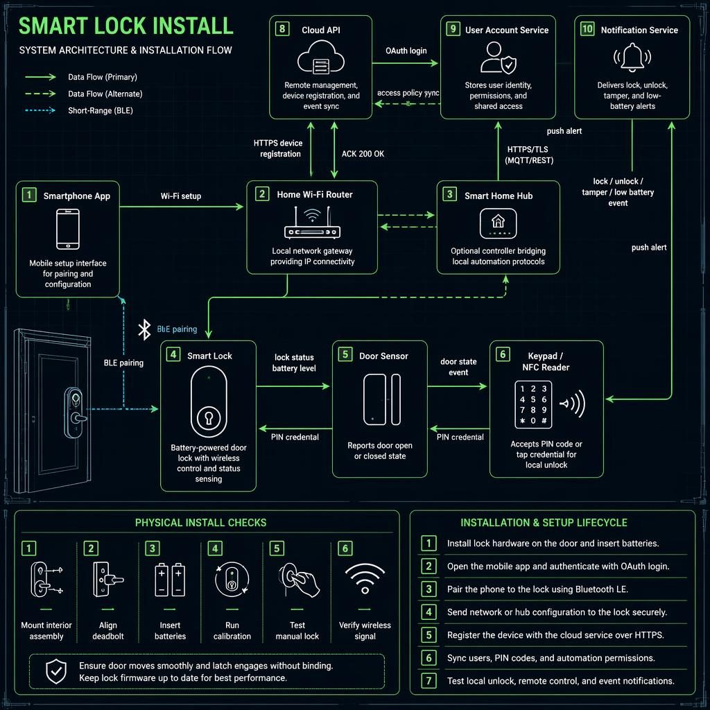 Blueprint-style smart home install diagram with phone, router, hub, smart lock, sensor, keypad, cloud API and arrows.