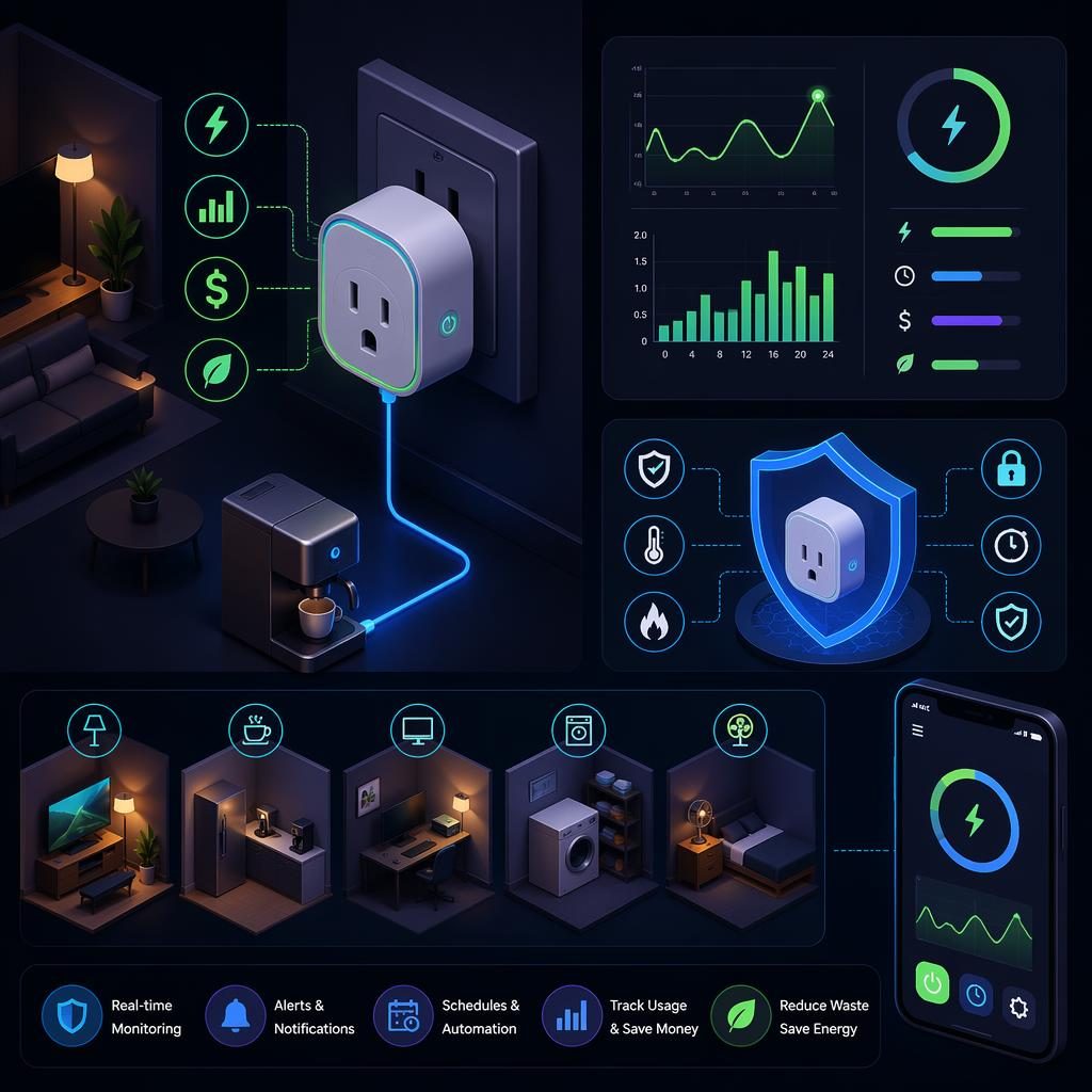Isometric 3D dark mode neon smart home infographic showing an energy monitoring smart plug with generic icons
