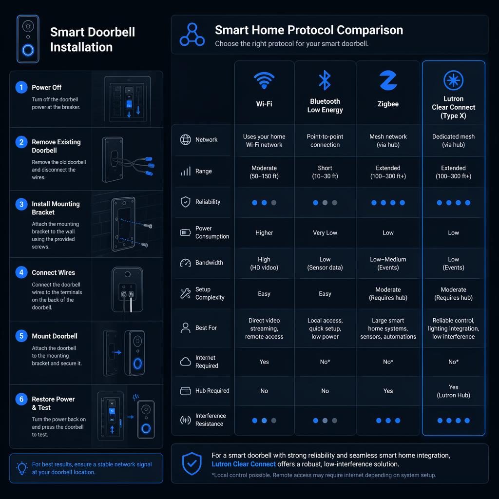 Dark mode smart home infographic showing a smart doorbell install with generic device icons and a cool blue comparison chart.
