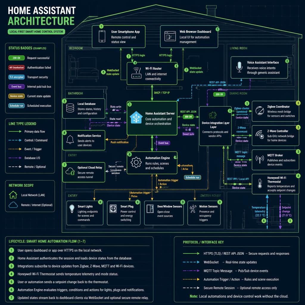 Blueprint smart home network infographic showing Home Assistant hub, Honeywell Wi-Fi thermostat, sensors, lights and flows