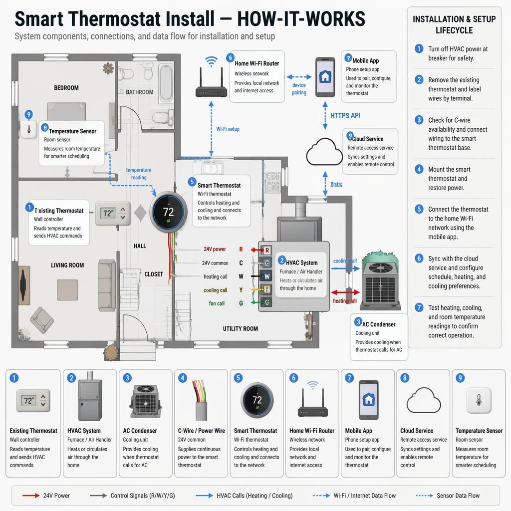 Top-down house floor plan infographic showing smart thermostat install, HVAC wiring, Wi-Fi router, app, cloud, sensor, and arrows.