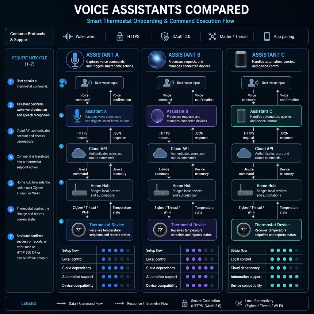 Dark mode infographic comparing 3 voice assistant ecosystems for thermostat setup, cloud flow, hub control, and device telemetry.
