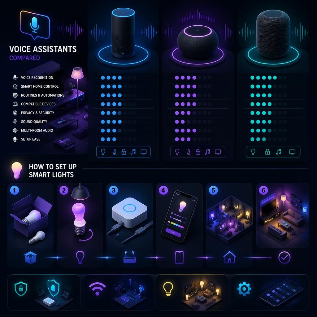 Isometric 3D dark mode neon infographic comparing generic voice assistants with smart home security and lighting icons