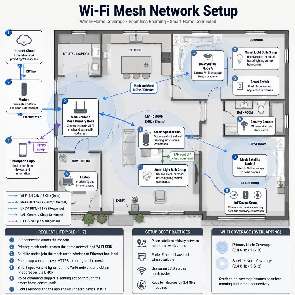 Top-down house floor plan infographic of a Wi‑Fi mesh network with router, satellites, smart speaker, lights, TV, laptop, app.