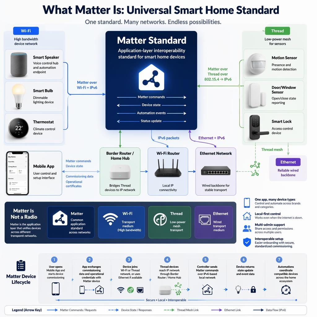 Photorealistic smart home infographic showing Matter standard, Wi-Fi, Thread, Ethernet, app, hub, router, and devices.