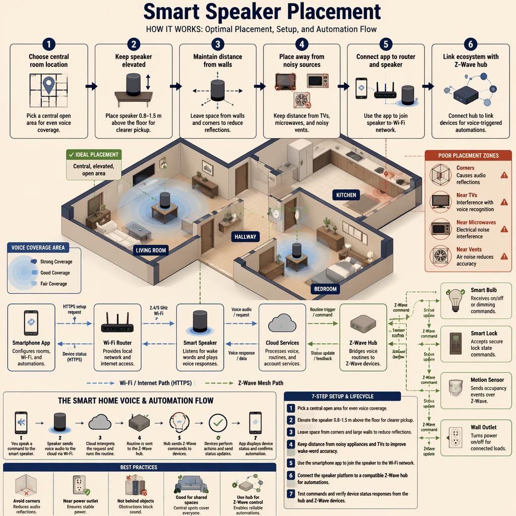 Smart home infographic showing smart speaker placement, Wi-Fi router, app, Z-Wave hub, rooms, arrows, coverage rings, and 6 setup stages.