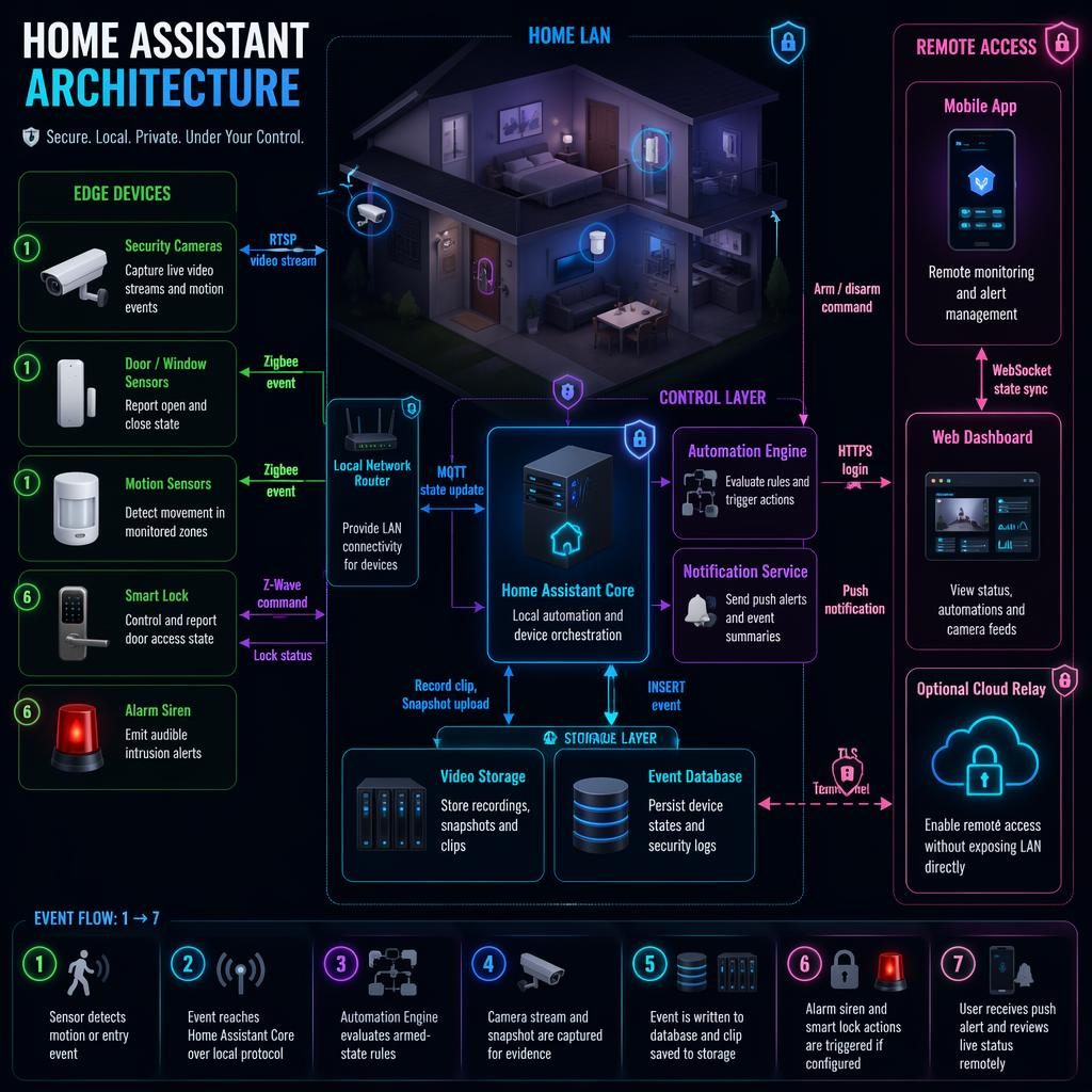 Izometrická 3D infografika chytré domácnosti s Home Assistant Core, kamerami, senzory, zámkem a šifrovanými toky.