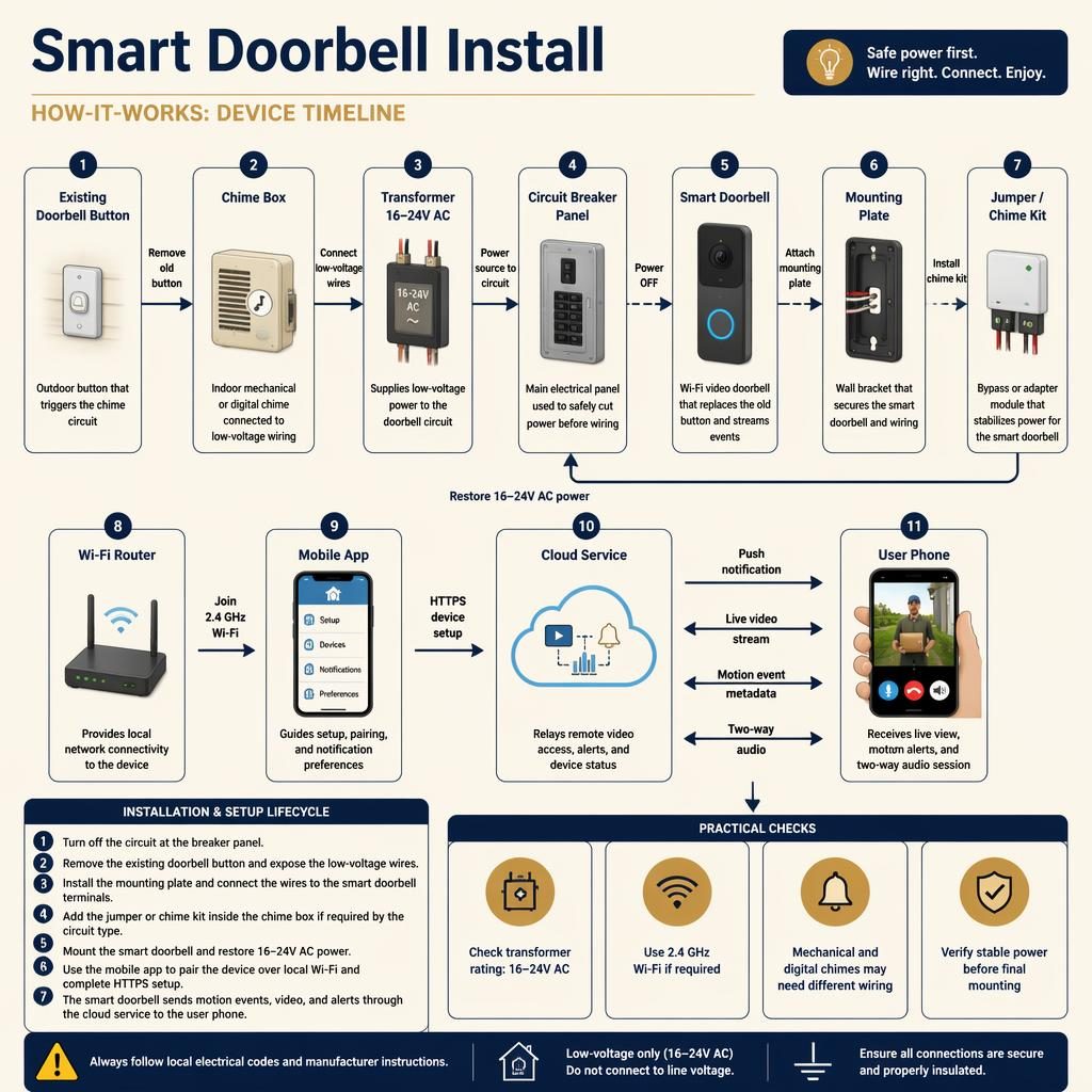 Tech infographic showing a smart doorbell install flow with 11 labeled boxes, arrows, legend steps, and Wi-Fi app cloud links.