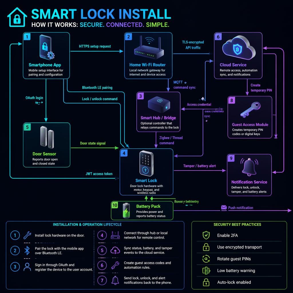 Dark neon isometric smart lock install infographic with app, router, hub, lock, cloud, arrows, legend, and alerts.