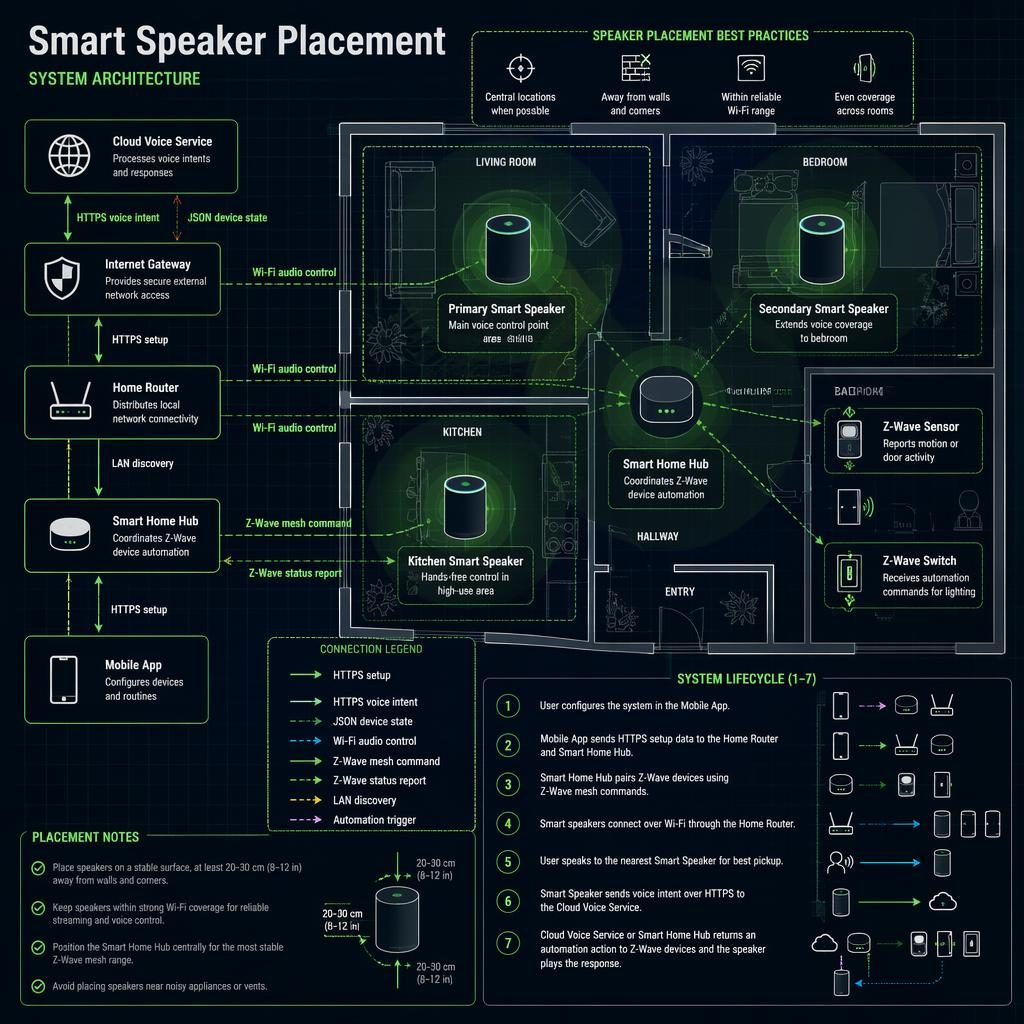 Blueprint-style smart home infographic showing router, hub, speakers, Z-Wave devices, arrows, coverage circles, and legend.