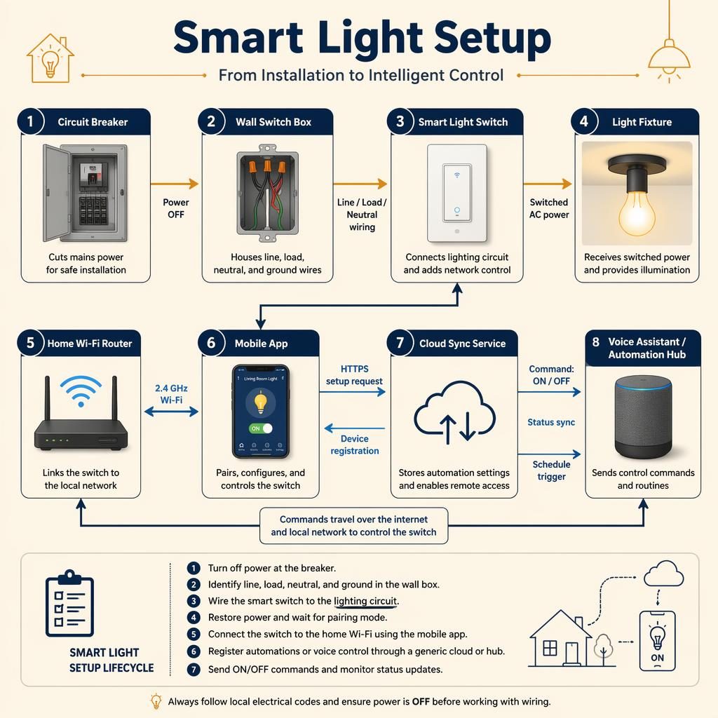 Tech infographic showing smart light switch installation flow with breaker, wall box, switch, fixture, router, app, cloud, and hub.