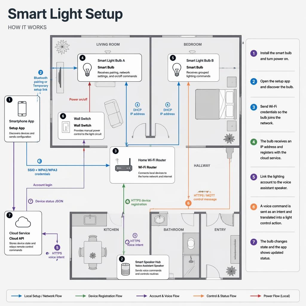 Top-down house floor plan infographic showing smart bulbs, Wi-Fi router, app, speaker hub, cloud API, and setup arrows.