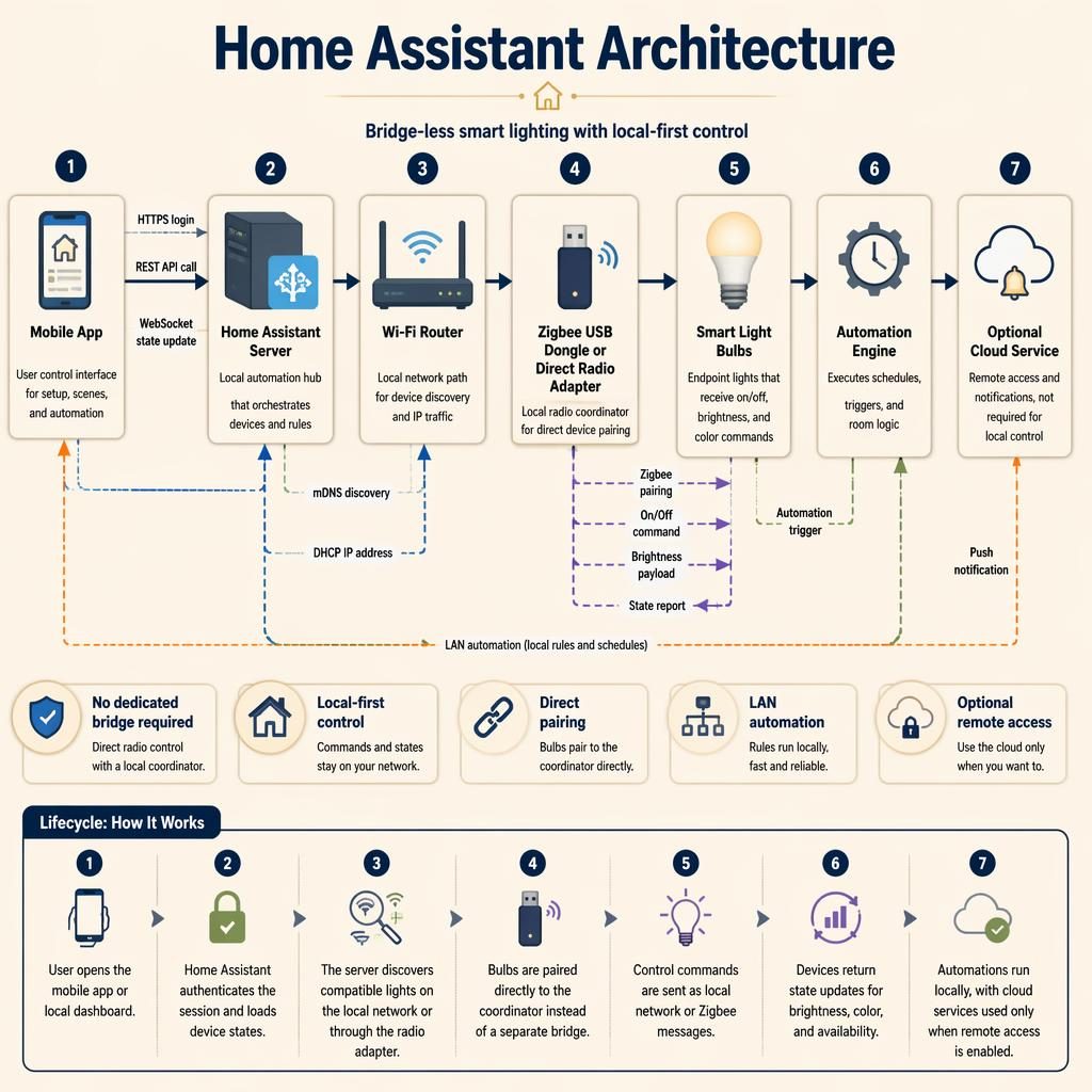 Smart home architecture infographic showing a left-to-right device timeline for controlling smart lights without a bridge.
