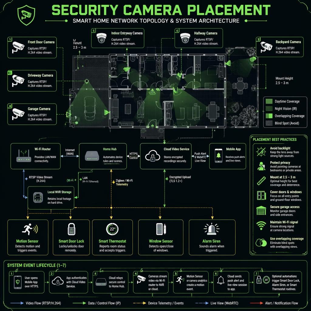 Blueprint smart-home infographic with camera placement zones, router, hub, cloud, app, NVR, sensors, siren, and thermostat