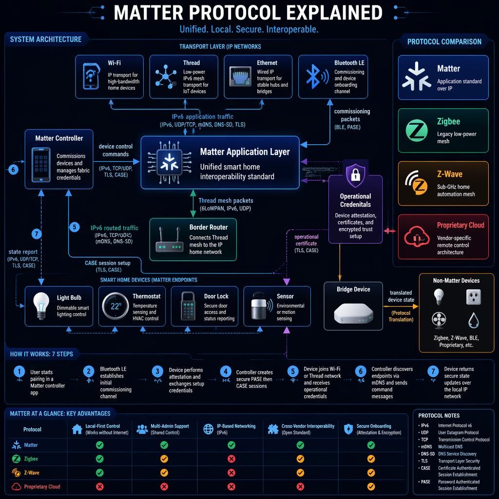 Infografia de domotica en modo oscuro sobre Matter, con diagrama de protocolos, dispositivos, flechas y panel comparativo.