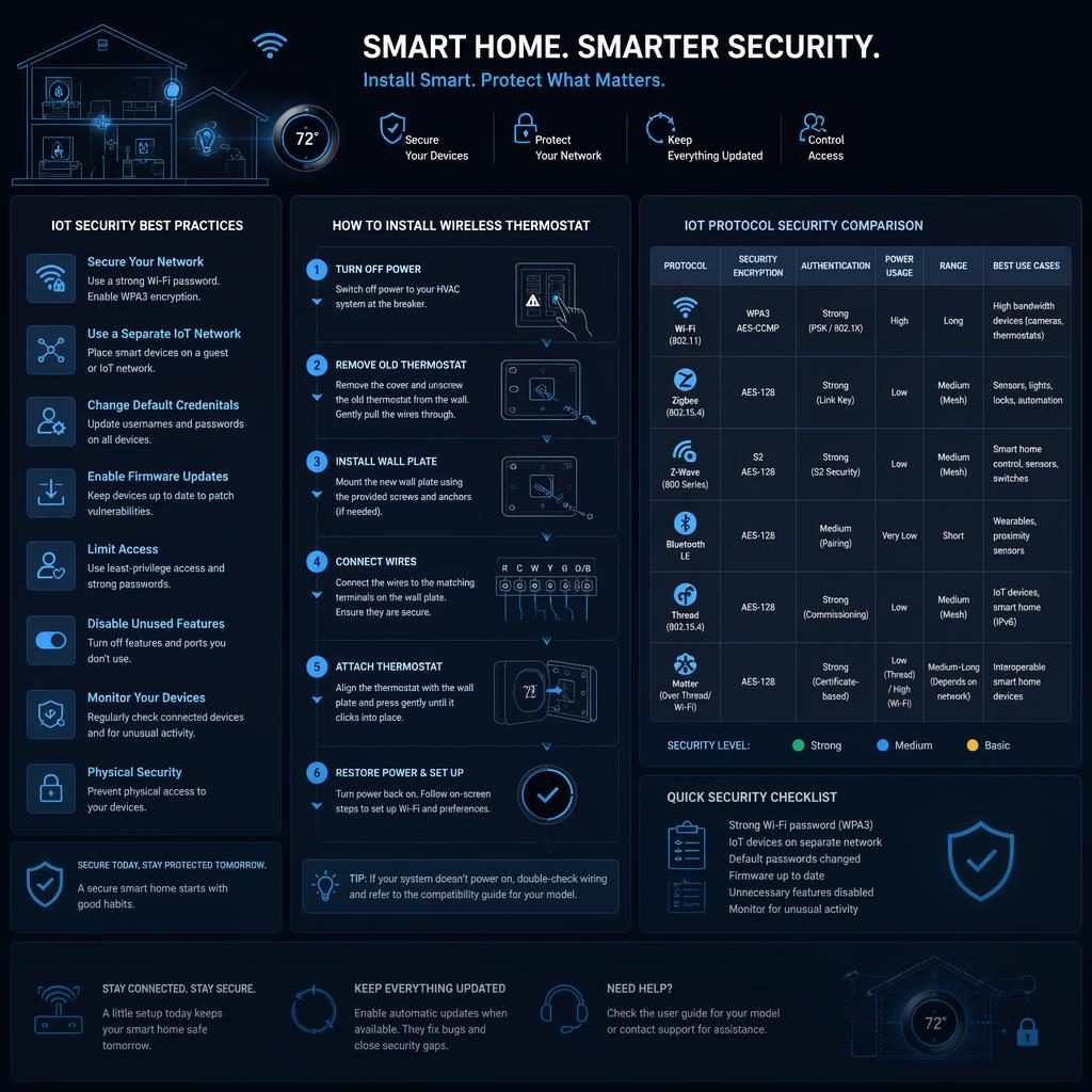 Dark mode smart home infographic with generic IoT device icons, security best practice chart, and cool blue developer-style layout