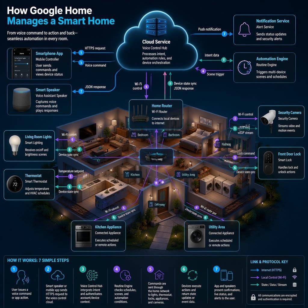 Infographie isométrique 3D d’une maison connectée avec hub vocal cloud, appareils génériques, flèches de flux et légende 1-7.