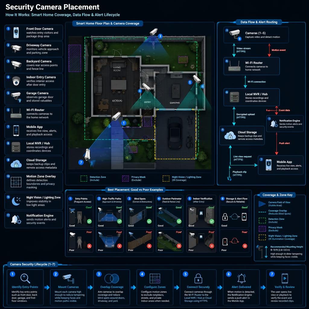 Dark blue smart home infographic with floor-plan camera placement, arrows, labeled boxes, legend steps, and good vs poor zones.