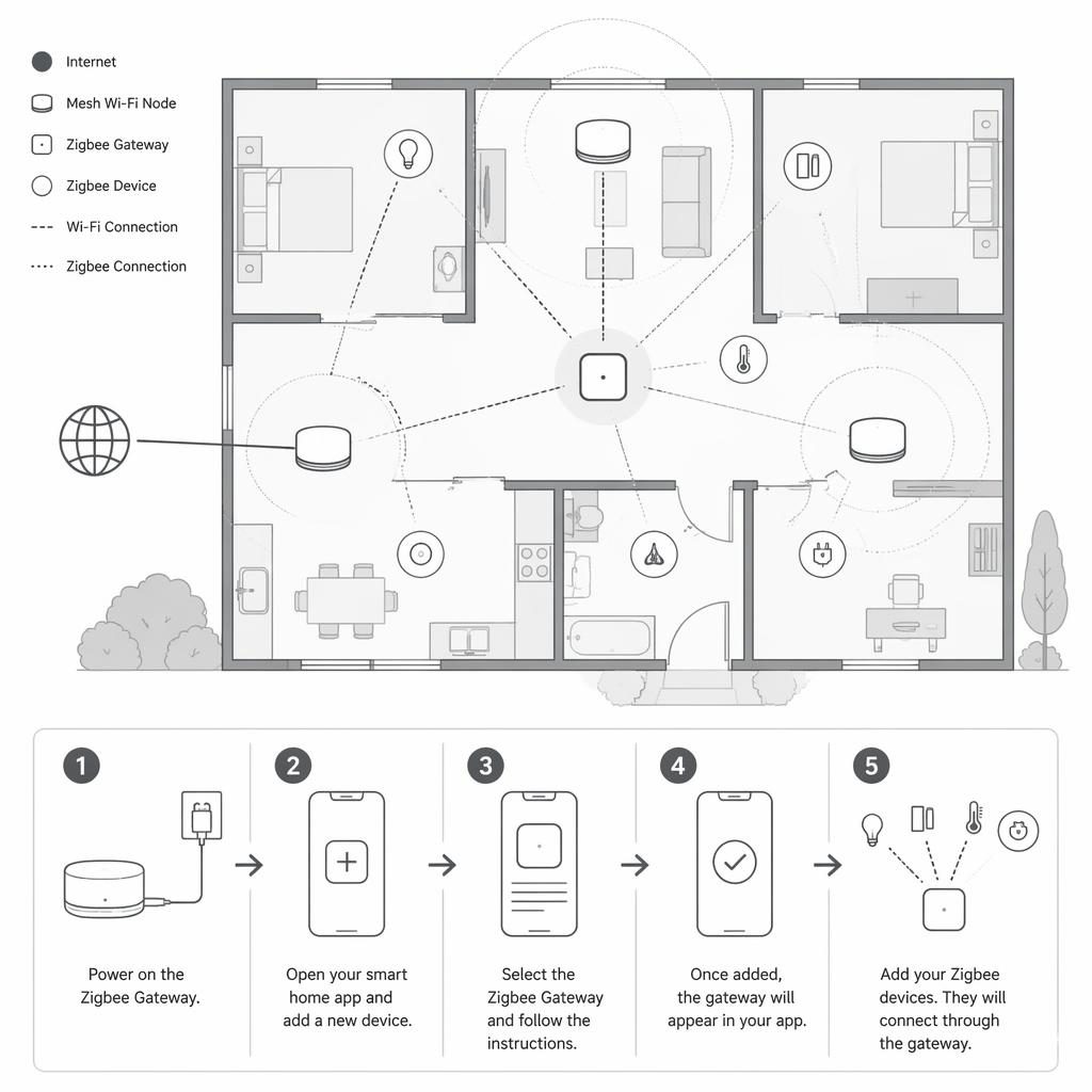 Minimal monochrome house floor plan infographic with generic smart devices and wifi mesh network connections.