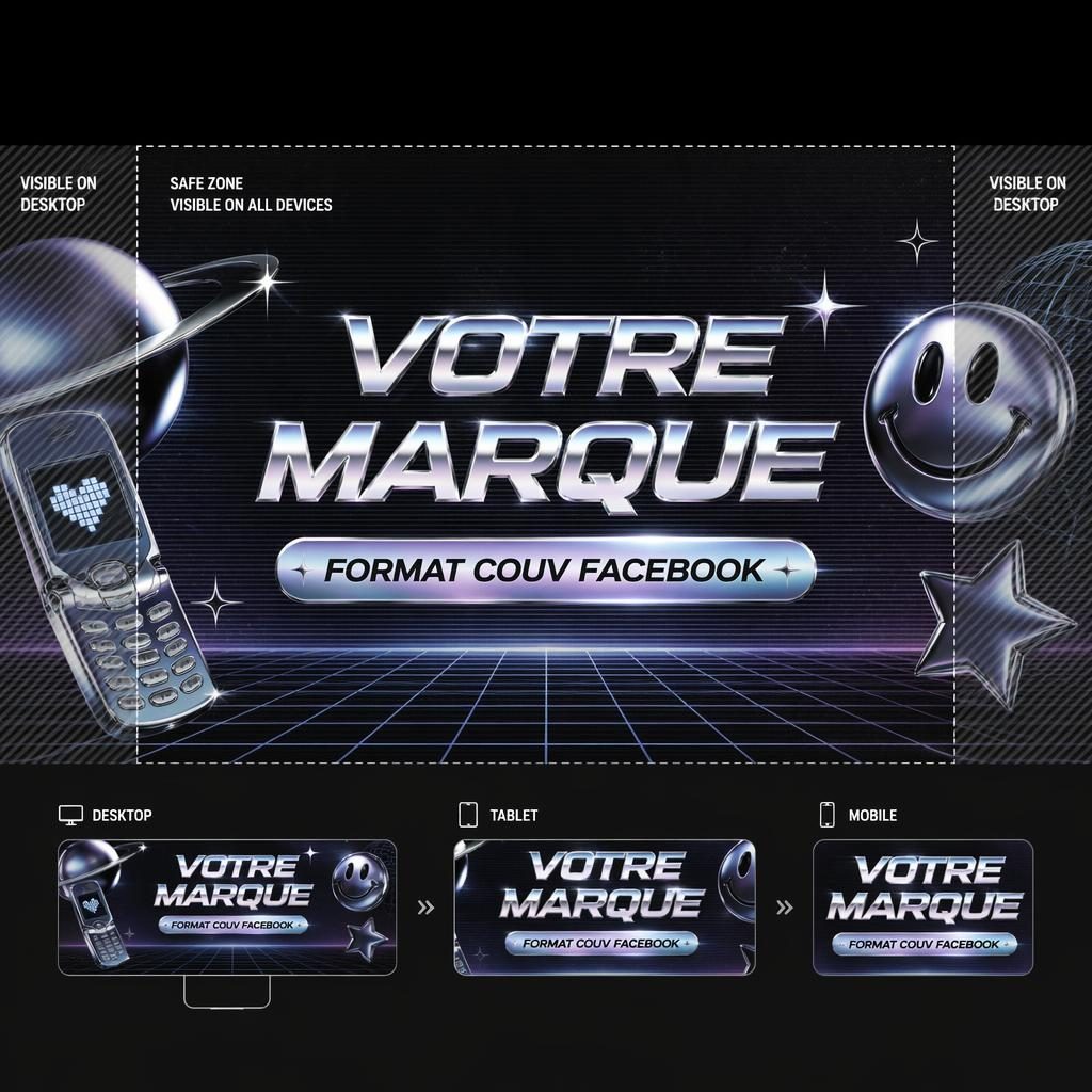 Bannière de couverture rétro Y2K aux reflets chrome, avec typographie fictive centrée et composition pensée pour le recadrage.