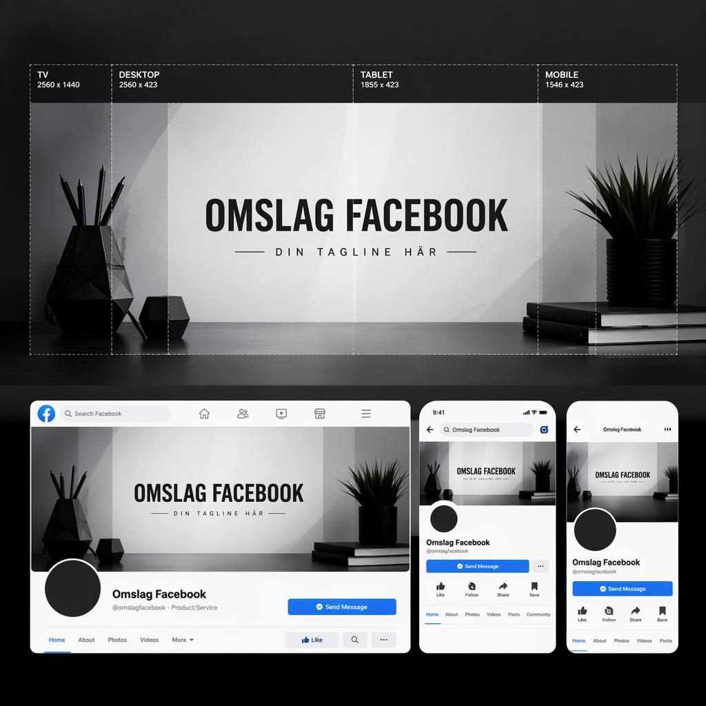 Fotorealistische monochrome Facebook-omslagbanner met gecentreerde merknaam, tagline, studioverlichting en moderne texturen.
