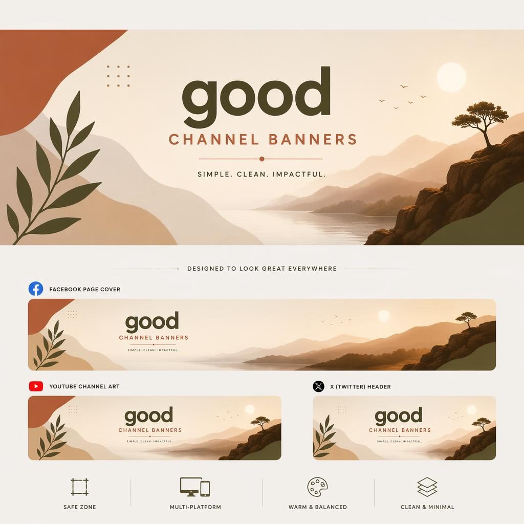 Minimalist social cover banner in a warm earth palette with centered placeholder brand name and tagline, designed for safe crop zones.