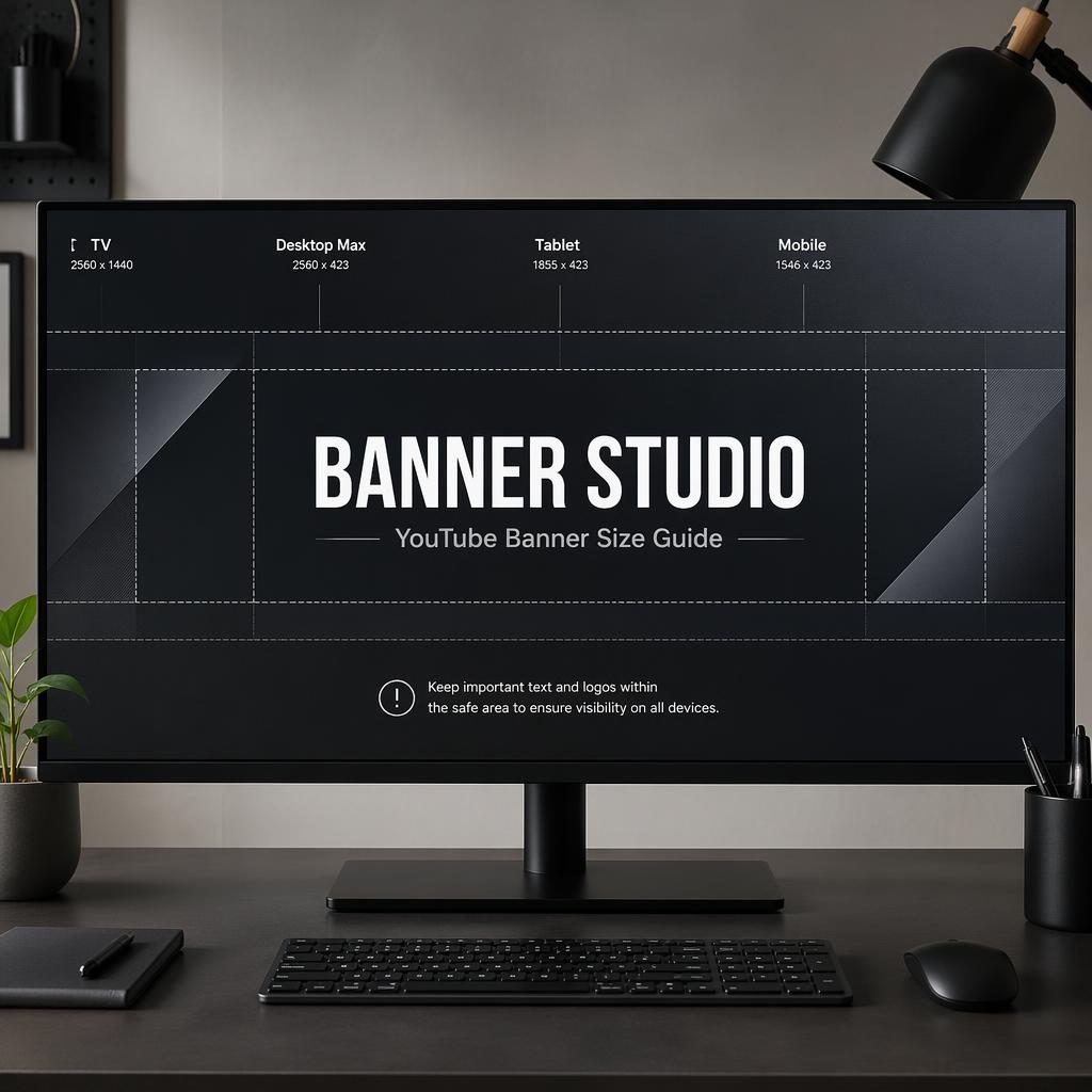 Moderní pracovní prostor s širokoúhlým monitorem a návrhem YouTube coveru Banner Studio se středovými vodítky.