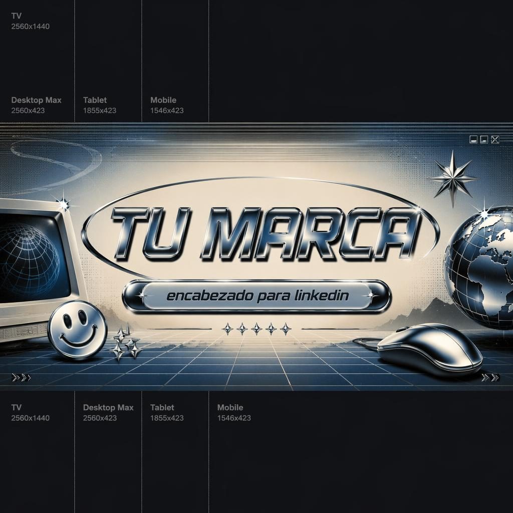 Banner horizontal ilustrado para redes con estética retro Y2K cromada, tipografía de marca centrada y composición segura.