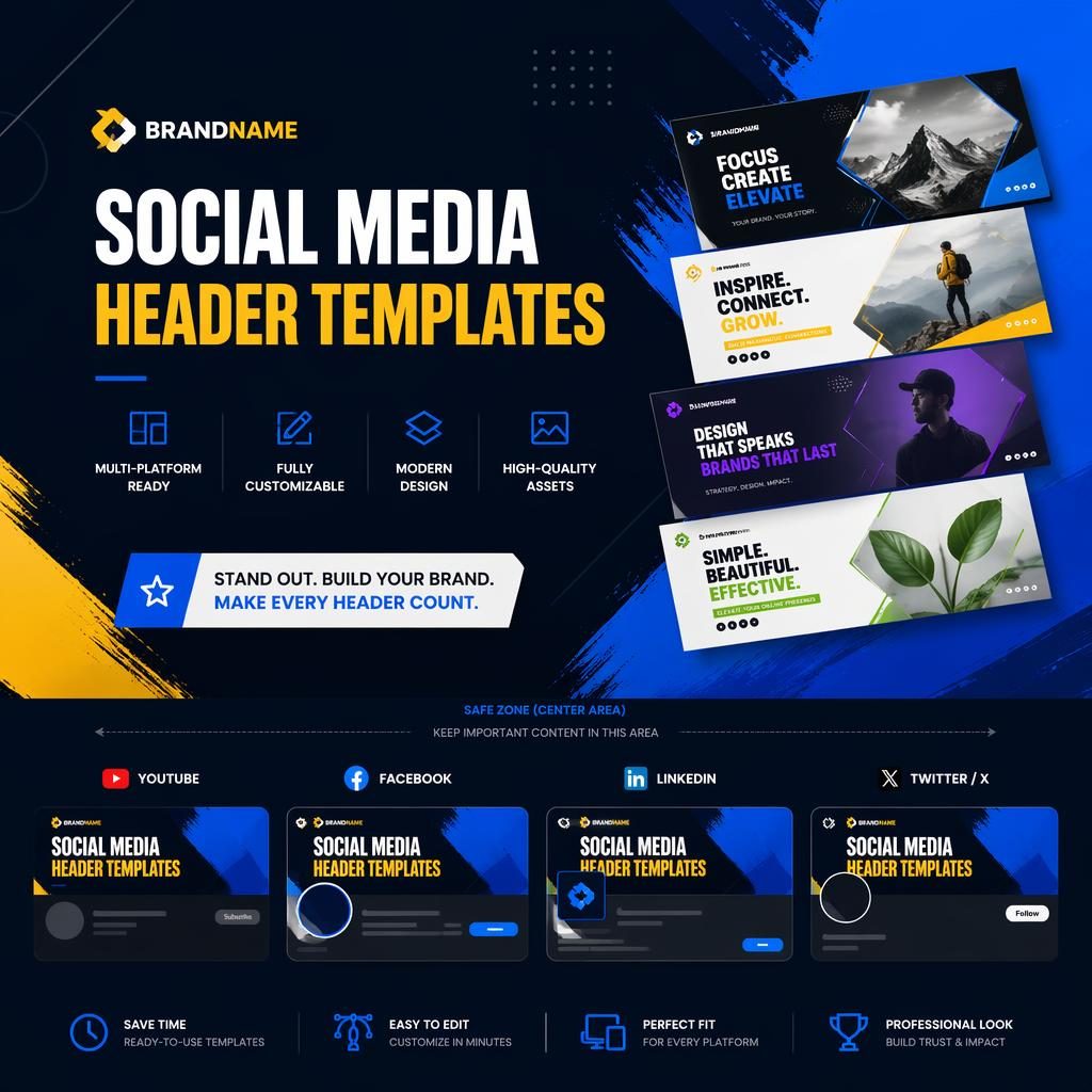 16:9 social cover banner with bold high-contrast colors, centered placeholder brand name and tagline, and crop-safe layout