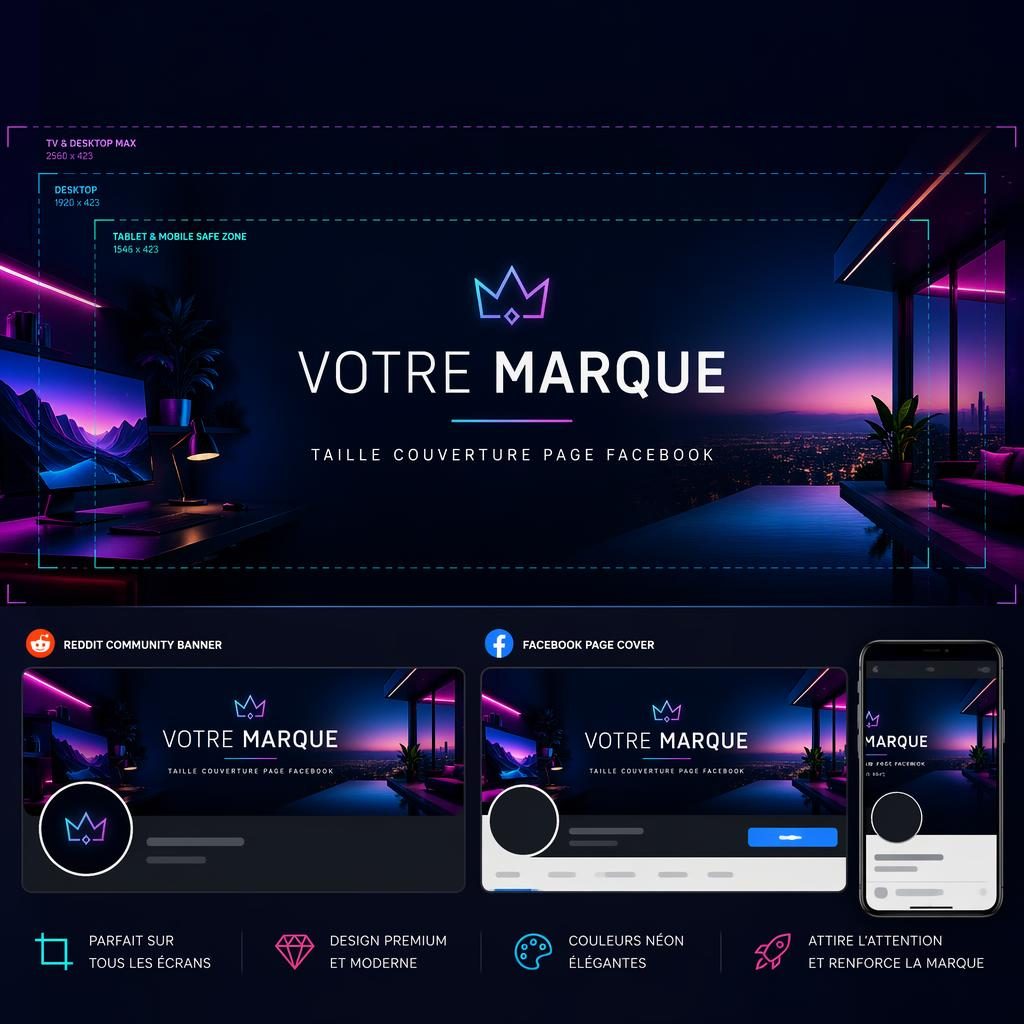 Bannière sociale illustrée en palette néon luxueuse, avec nom de marque et slogan factices centrés dans une zone sûre.