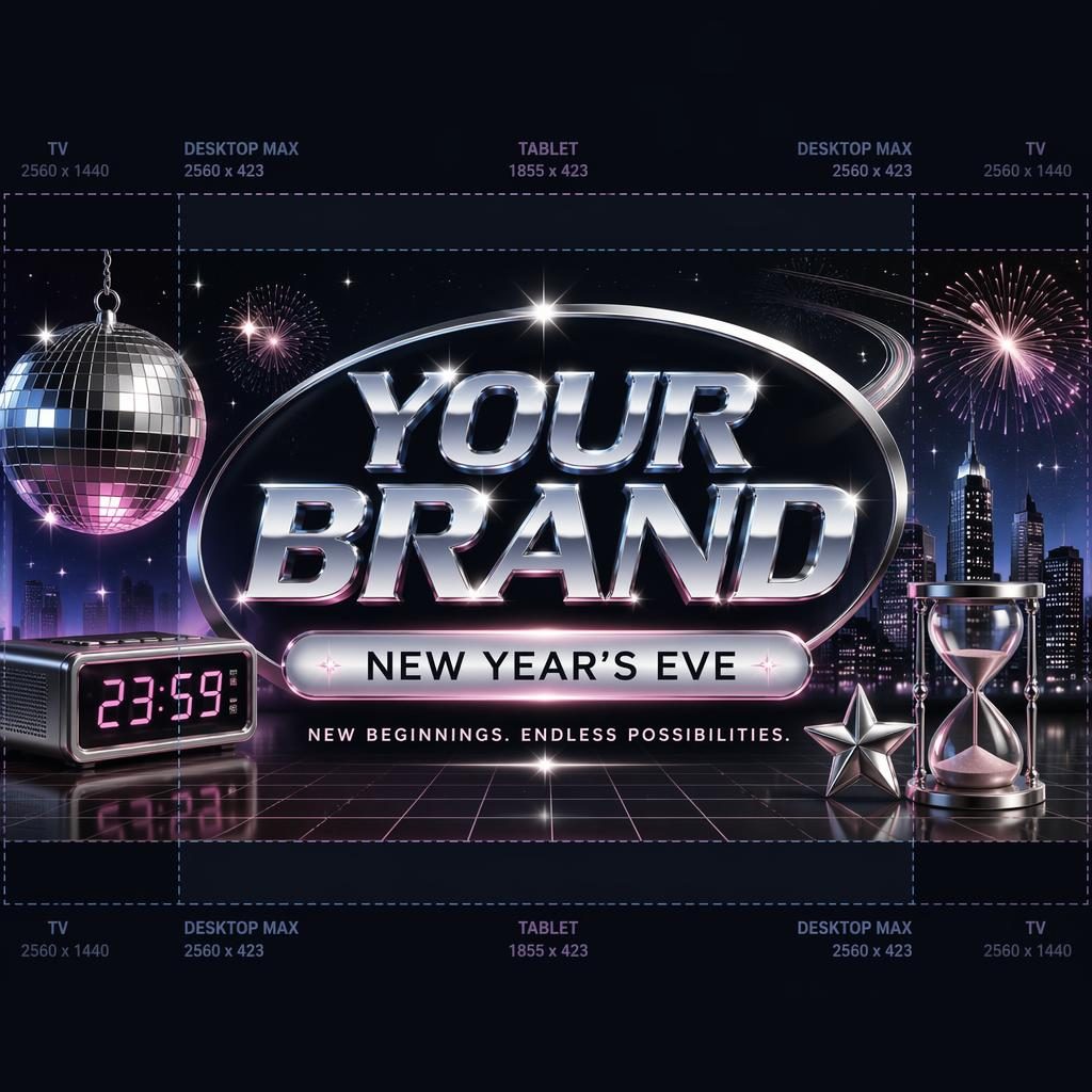 Vintage retro social cover banner with chrome Y2K accents, centered placeholder brand name, festive New Year's visuals, and safe crop layout.