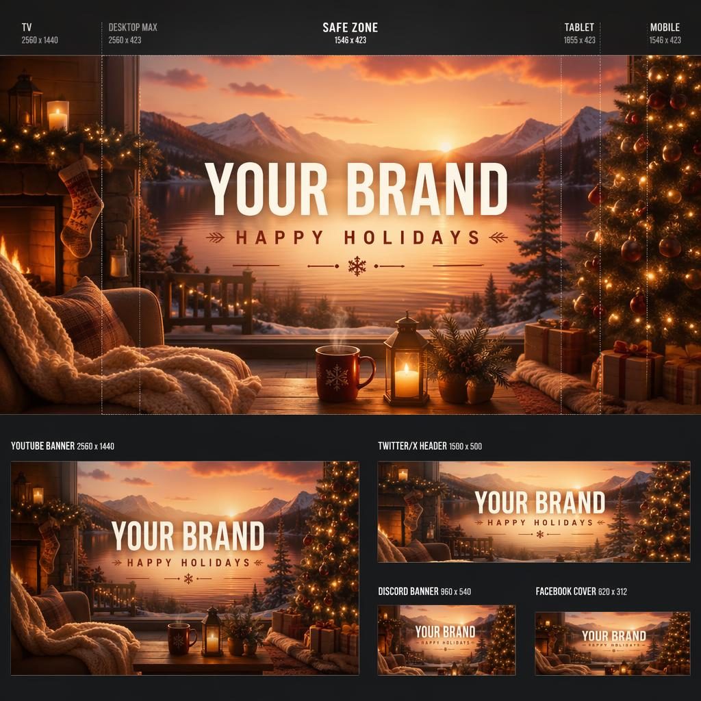 Warm cozy holiday banner illustration with sunset tones, centered brand name placeholder, tagline, and safe-zone layout