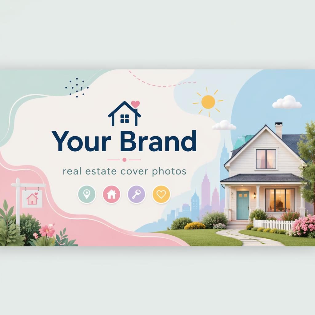 Pastel social cover banner with house illustrations, centered brand placeholder text, and a playful layout designed for safe crop zones.