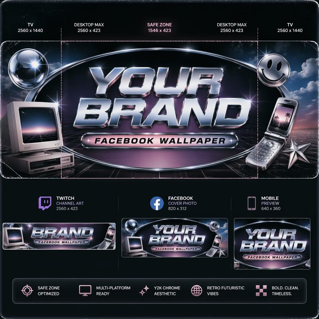 Vintage retro social cover banner with Y2K chrome accents, centered brand name placeholder, and safe-zone layout