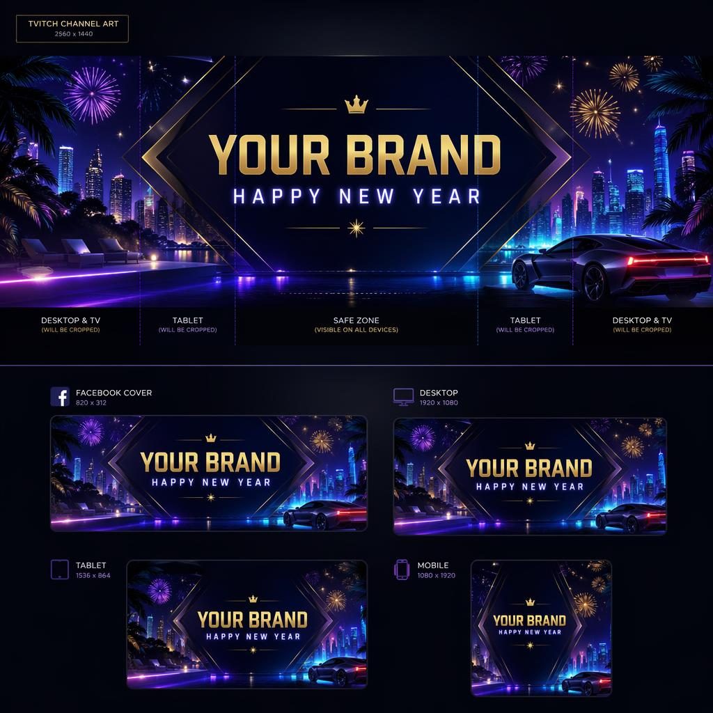 Luxury neon social cover banner with centered placeholder brand name, cool glowing palette, and a festive New Year layout