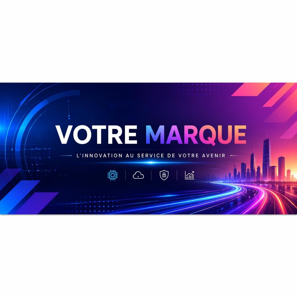 Bannière 16:9 futuriste avec dégradé vibrant, typographie de marque factice centrée et composition pensée pour le recadrage.