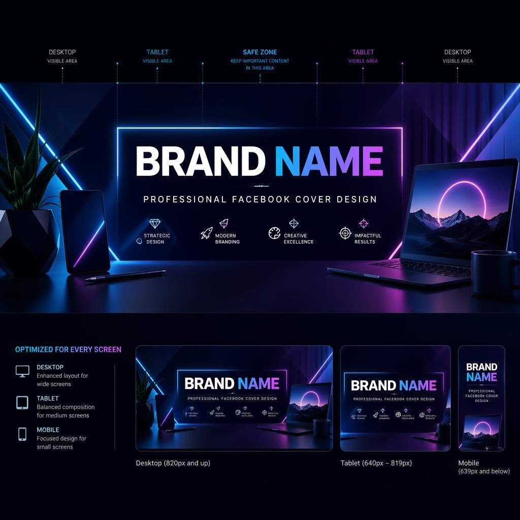 Neon luxury social cover banner with centered brand placeholder text, cool gradient glow, and safe-zone layout for crops.