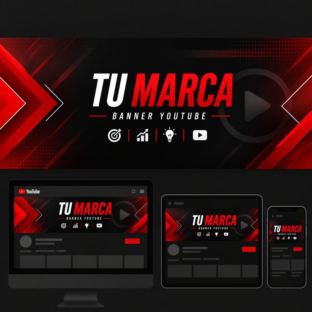 Banner horizontal para YouTube con diseño de marca profesional, paleta intensa, tipografía de marcador y centro seguro.