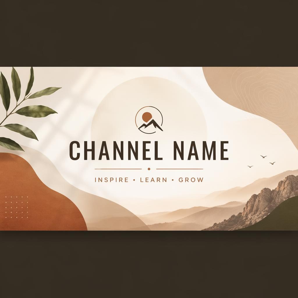 Minimalist 16:9 social cover banner in warm earth tones with centered placeholder brand name and tagline layout.